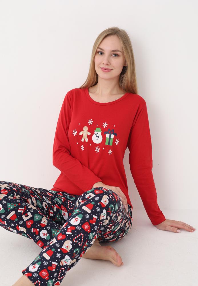 Pijama dama Craciun,maneca lunga si pantaloni lungi,imprimeu figurine festive, En-gros